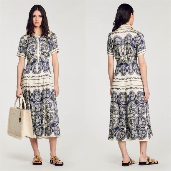 Sandro patterned paisley scarf print Marine beige midi dress NO OFFERS - Picture 3 of 11